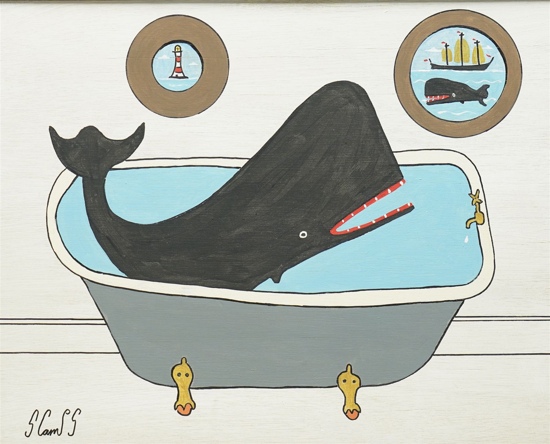 Steve Camps (Cornish 1957-): 'Burts Bathtime with Sid Looking On', oil on panel signed, dated 2024 verso 34cm x 44cm
Notes: Cornish artist Steve Camps, a retired builder turned painter in 2023, creates charming naïve-style whale paintings framed in antique finds, quickly gaining acclaim and commanding high prices through Sailors Jail Gallery in Falmouth