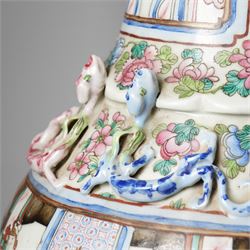 Large pair of 19th century Cantonese famille rose vases, each painted with various courtly scenes, including a display of warriors fighting on horseback before an official and his attendants, double Buddhist lion handles and applied at the shoulders with chilong, the lower band painted with Greek key motif, H58cm (2)