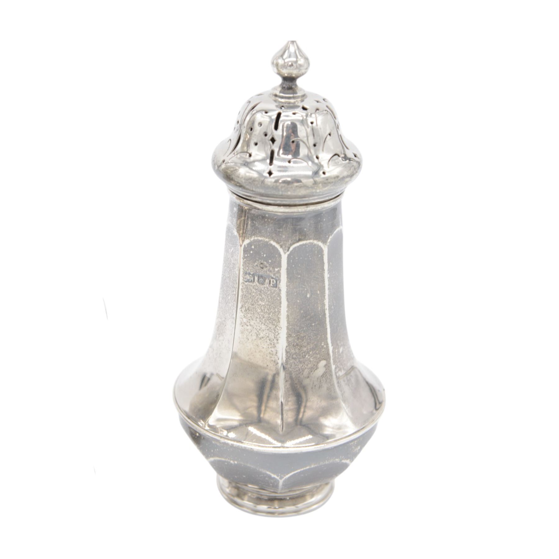 Two early 20th century silver sugar casters, the first an Edwardian example of faceted urn form, hallmarked Sibray, Hall & Co Ltd, London 1910, the second a 1920s example of typical urn form, upon a stepped circular filled base, hallmarked William Neale & Son Ltd, Birmingham 1925, tallest H20cm