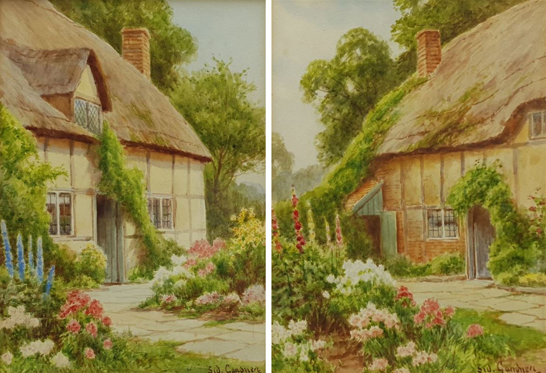 Sidney Valentine Gardner (Staithes Group 1869-1957) Thatched Cottage Gardens, pair watercolours signed 23cm x 16cm (2)