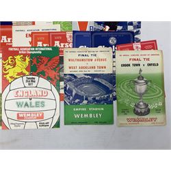 Football programmes - thirteen various England and England Youth matches 1953-77; European Cup Winners Cup Final May 19th 1965 TSV Munchen 1860 v West Ham; European Champions Club Cup Final May 29th 1968 Benfica (1) v Manchester United (4), the famous Bobby Charlton final; seven Wealdstone F.C. 1950-66 including London Senior Charity Cup Final May 10th 1952; Harrow Town Football Challenge Cup April 14th 1948; and eight F.A. Amateur Cup Finals and Semi-Finals plus three song sheets 1956-68 (34)