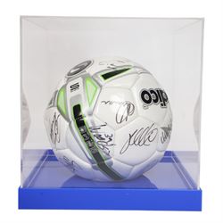 Sondico football signed at the Den by the Millwall football team December 2012, contained within a Perspex display case