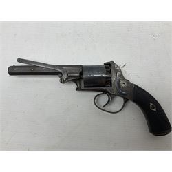 Mid-19th century Smith London .36 cal. transitional five-shot percussion revolver, the 12cm rifled octagonal barrel with side loading lever, side safety, some engraved decoration and chequered two-piece grip L28cm overall