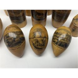Collection of Mauchline ware relating to sewing, to include four ovoid shaped thimble cases, hinged lid thimble case and needle cases (12) 
