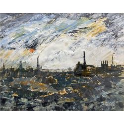 Maggie Taylor (British 1962-): Northern British Industrial Cityscape, oil on board signed 29cm x 37cm