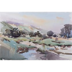 Angus Bernard Rands (British 1922-1985): Robin Hood's Bay and Country Scenes, three watercolours (one unframed painted recto and verso) signed, 34cm x 50cm