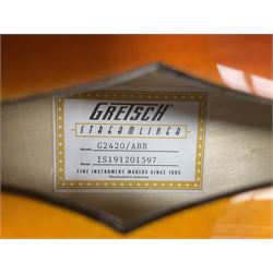 Gretsch G2420/ABB semi-acoustic guitar with three-tone sunburst finish, serial no.IS191201597, L107cm overall; in original hard carrying case dated 2019.
