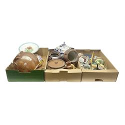 Four stoneware jars, tureen and cover, figural table lamp, trinket boxes and a collection of other ceramics and collectables etc, in three boxes 