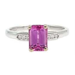  18ct white gold emerald cut pink sapphire ring, with diamond set shoulders, sapphire approx 1.1 carat  