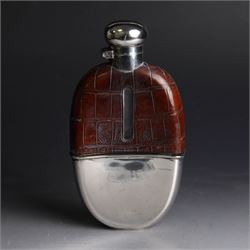Edwardian hip flask, the glass body with leather cover,  removable silver cup and silver cap, the cup engraved with monogram, hallmarked Robert Pringle & Sons, Sheffield 1901, H15cm