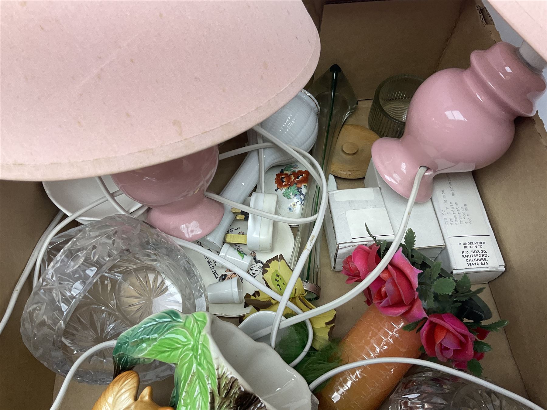 Shelley Maytime pattern sauce boat and saucer, Hornsea vases, blue and white Willow pattern dinner wares and a collection of other ceramics and glassware, in four boxes 