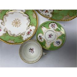 Coalport green batwing pattern tea wares, decorated with finely enamelled floral sprays within gilt reserves, comprising teacup trio, twin handled cake plate and side plate, pattern no Y2665, together with a Coalport for Harrods cup and saucer similarly decorated, the saucer with stamped mark beneath 'Manufactured for Harrods Ltd, Brompton Rd London', all with green Coalport AD 1750 marks beneath, largest W31cm (7)