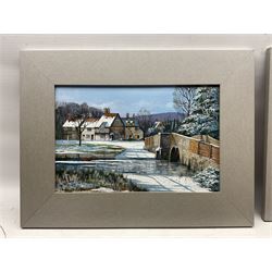 Kevin Platt (British 1945-): 'Kentish Winter' 'Winters Peace' and 'Winters Evensong', set of three acrylics on canvas signed, titled verso 26cm x 40cm 