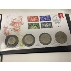 Commemorative coins and covers, including '80th Anniversary of the Battle of Britain' coin cover with Solomon Islands 2020 half dollar, 'Royal National Lifeboat Institution' coin cover with Alderney 2021 five pounds, 'Queen Elizabeth II's 95th Birthday' coin cover with Solomon Islands 2021 half dollar, other similar coin covers all in Harrington and Byrne folders, The Royal Mail 'HM The Queen's 95th Birthday' coin cover with 2021 five pounds and Queen Elizabeth II Isle of Man 2020 'Peter Pan' fifty pence coin collection in card folder