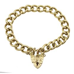 9ct gold curb link bracelet with heart locket clasp hallmarked, approx 33.2gm