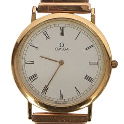 Omega De Ville gentleman's gold-plated and stainless steel quartz wristwatch, Ref. 195.0075.2, white dial with Roman numeral hour markers, on expanding gilt strap, with Omega buckle, boxed