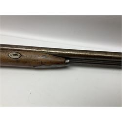19th century Indian .577 Enfield muzzle loading rifle, proofed for 26-bore, the 98.5cm barrel with three barrel bands and later ram rod L140cm overall; 19th century Belgian side-by-side double barrel percussion shotgun, approximately 20-bore, with 74cm barrels and studded walnut stock, lock plate marked 'Liege 1868' and 'V. Gulikers-Maquinay' L117cm overall; and another side-by-side double barrel shotgun by Smythe with underlever opening (3)
