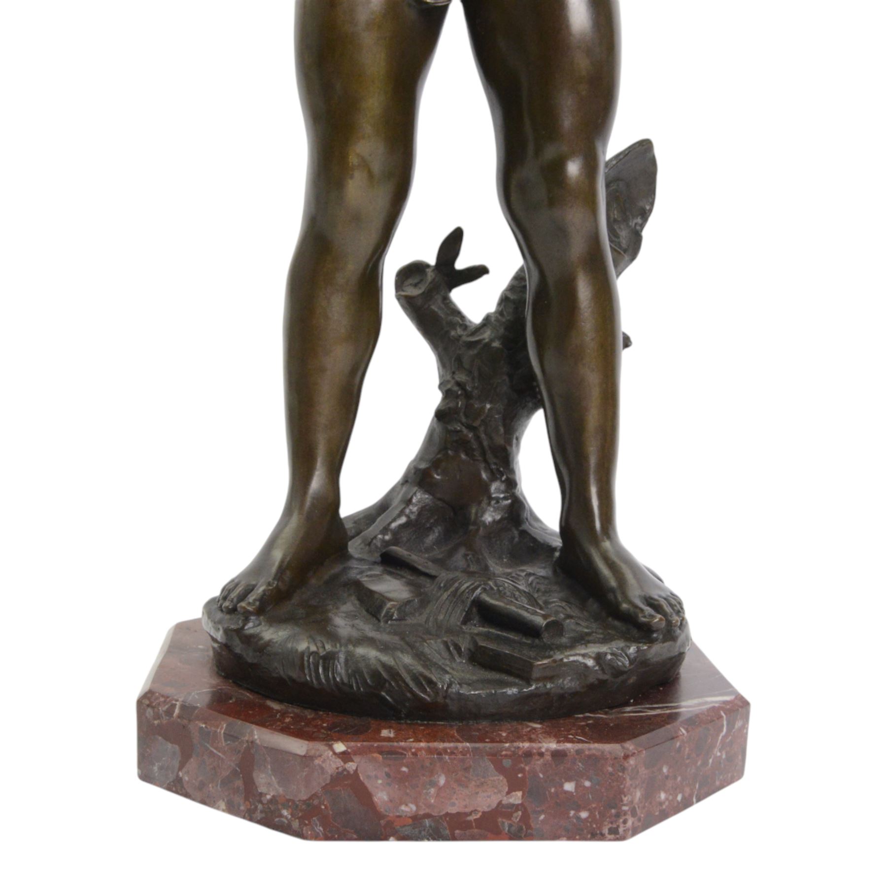 After Auguste Moreau (French 1834-1917): Large Bronze Figure of a Young Boy Playing the Aulos (Double-Reeded Pipes) standing upon a naturalistically modelled base detailed with tree stump and further pipe, signed Aug Moreau, upon octagonal red marble base, H73cm