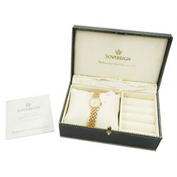 Sovereign ladies 9ct gold quartz wristwatch, on 9ct gold link bracelet, stamped 375, boxed