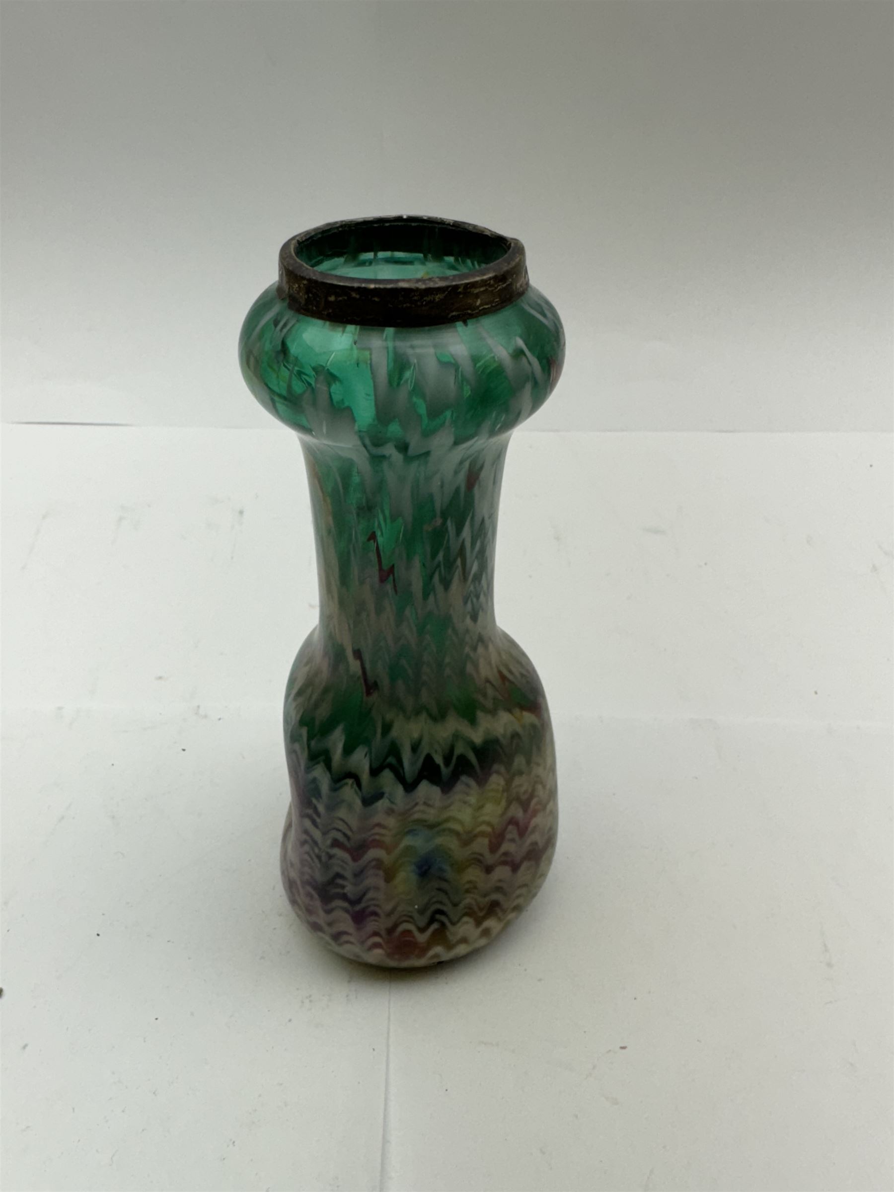 Three Austrian Art Nouveau green iridescent glass bottleneck vases, probably Rindskopf, to include one example with hallmarked silver collar, tallest H18cm (3)