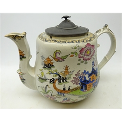  Large 19th century Ironstone shop display teapot, pewter lid with bird finial, Chinoiserie decoration and lustre highlights, probably James Dixon & Son, unmarked, H38cm x W53cm   