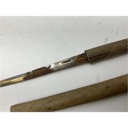 Malayan Kris dagger, the 31.5cm double edged straight heavy damascus blade with copper ferrule; carved hardwood grip; in large wooden throated scabbard with floral decorated white metal covering L47.5cm overall; a kris blade with adapted antler grip; and five various small daggers/letter openers (7)