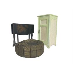 Early 20th century Chinoiserie drop-leaf occasional table, decorated with raised gilt work (W54cm, H53cm), a leather upholstered footstool or pouffe decorated with Egyptian motifs (D48cm); and a late Victorian painted bedside cupboard (W36cm, H73cm, D34)