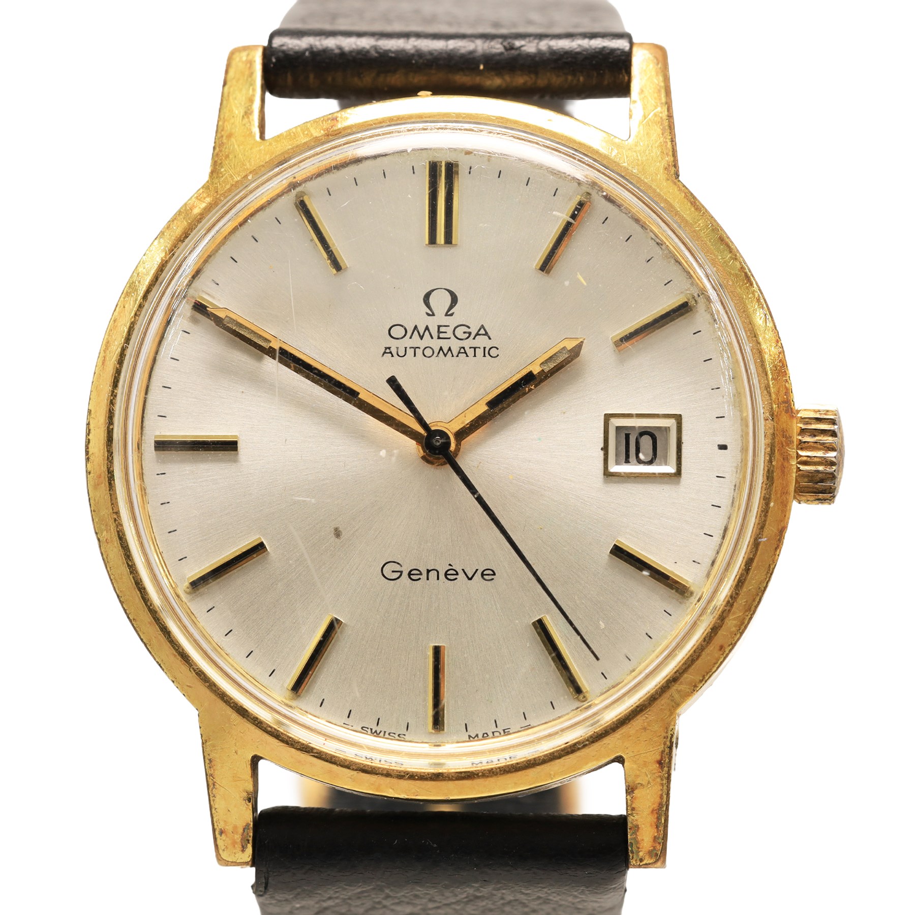 Omega gentleman's gold-plated and stainless steel automatic wristwatch, silvered dial with baton hour markers an date aperture, on black leather strap, boxed