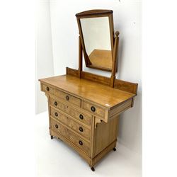 Edwardian dressing chest, raised mirror back, six graduating burr front drawers, stile supports