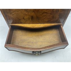 Mahogany and walnut veneer magazine rack, fitted with three divisions over a single drawer, raised on legs with foliate detail, H61cm