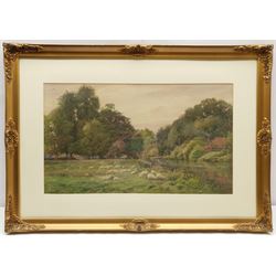 Henry Sykes (British 1855-1921): Sheep Grazing 'On the Welland', watercolour signed 30cm x 52cm