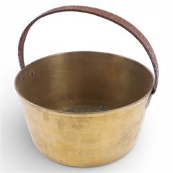 19th century brass jam pan, D38.5cm, together with a copper bed warming pan, approximately L105cm, and a mahogany framed wall mirror, H77cm