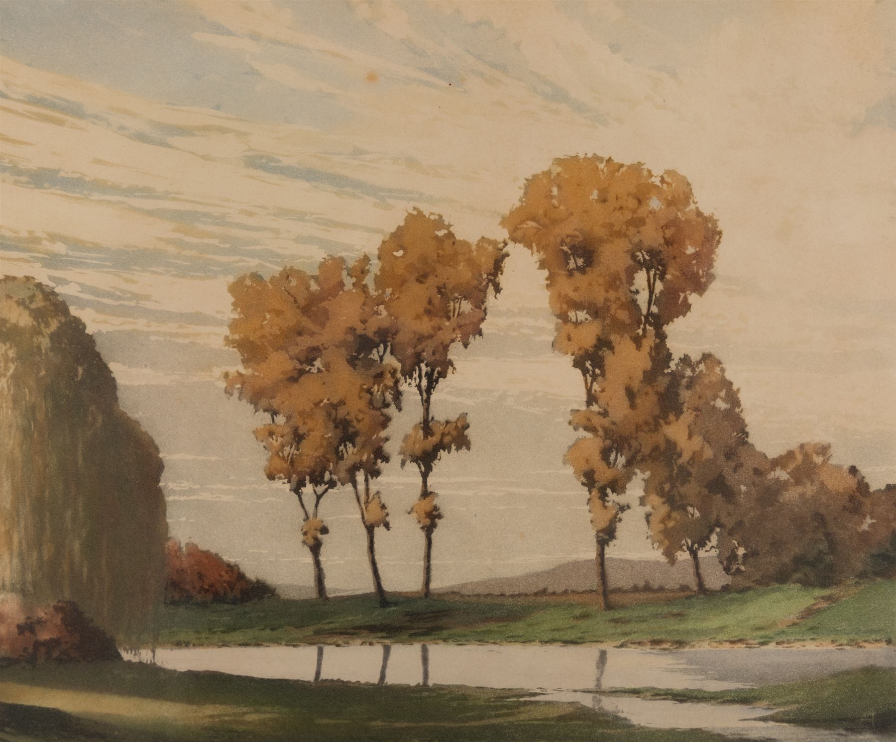 Winston Megoran (British 1913-1971): 'Autumn', coloured etching signed and titled on pencil, 29cm x 34cm; Joseph Frank Pimm (British 1900-1979): 'Derwent Water', coloured etching signed and titled in pencil 25cm x 35cm (2)