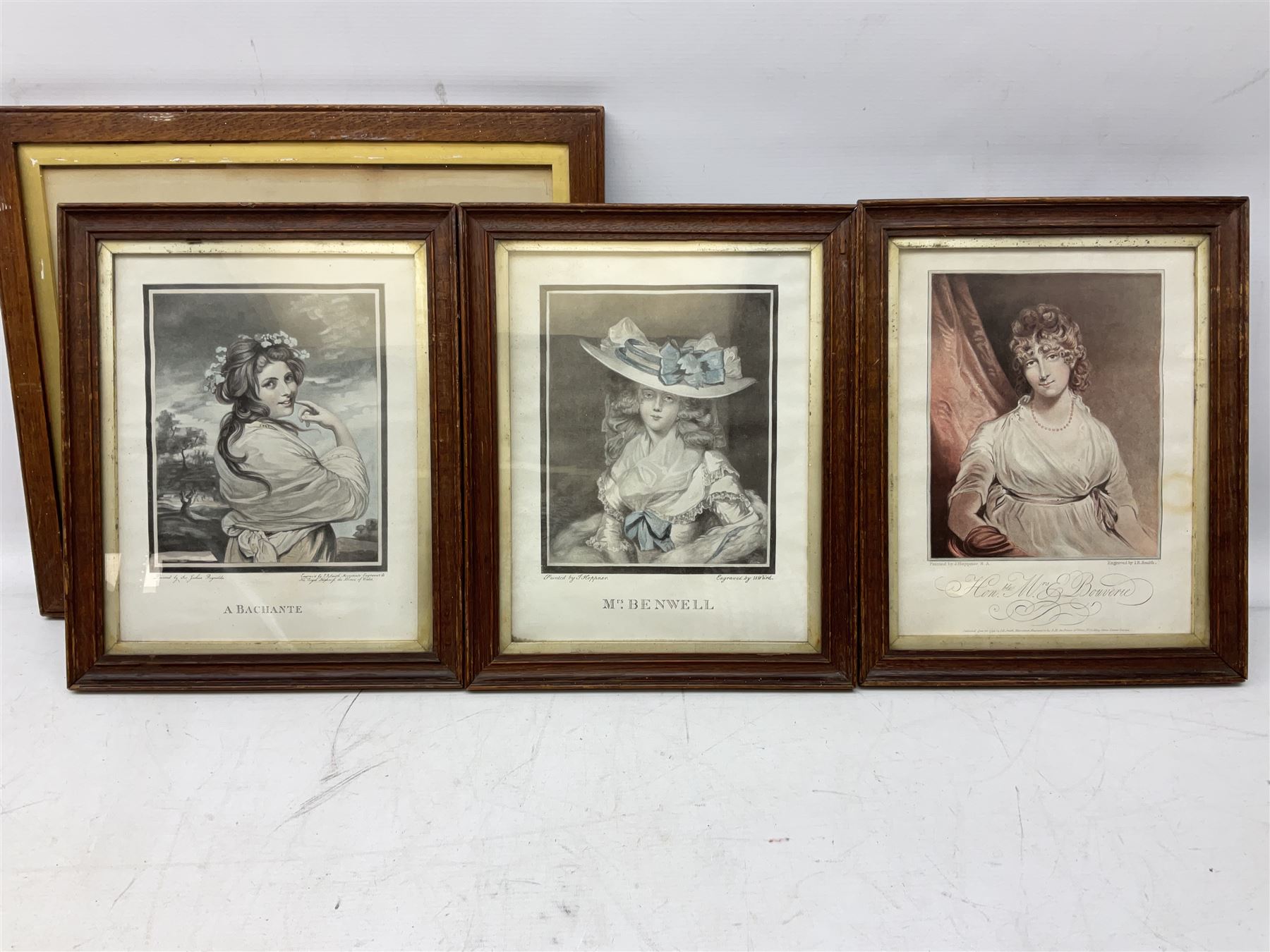 Victorian silhouette; after Josepha Reynolds 'A Bacchante', 19th century print; after John Hoppner pair 19th century colour prints, Frank Paton 'Not at Home', etching signed in pencil, together with etching, engraving and frame (9)
