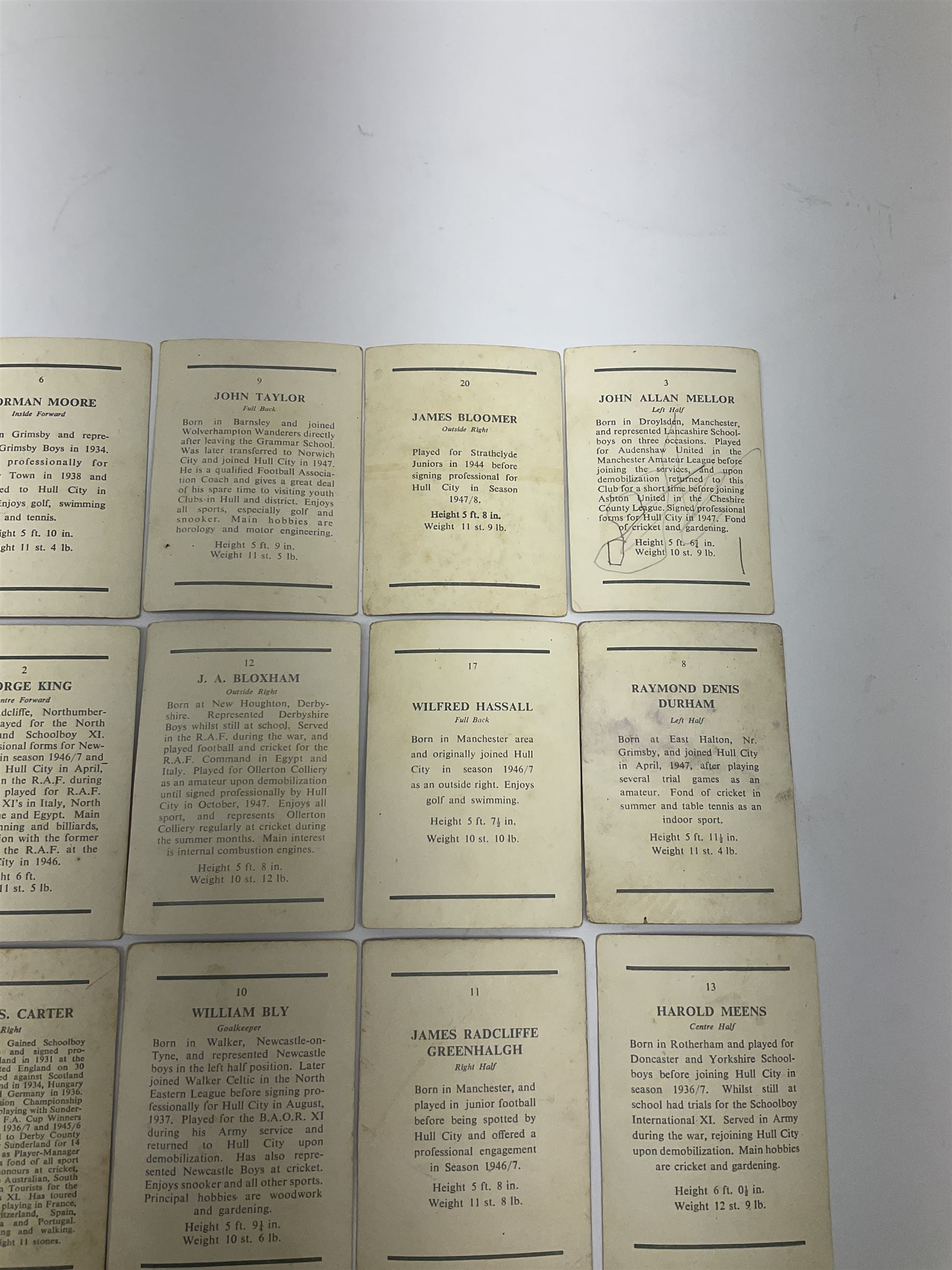 Football - Hull City - set of twenty trade cards 1950s including Raich Carter, Bill Bly etc