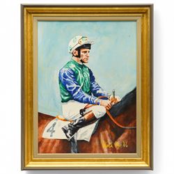 Patrick Haw (British 20th century): Jockey's - 'Pat Eddery' 'Joe Mercer' 'Walter Swinburn' and 'Steve Cauthen', set four acrylic on canvas signed and dated '86, 39cm x 29cm (4)