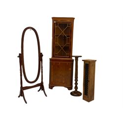 Yew wood corner cabinet, oval cheval mirror, small hardwood cabinet and a beech plantstand 
