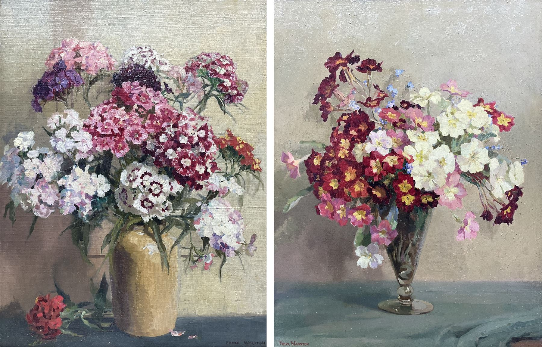 Freda Marston (British 1895-1949): Still Life of Flowers, pair oils on panel and canvas laid on to panel signed 44cm x 34cm (2)