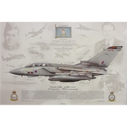  'Providing Cover - The First 60 Years', limited edition colour print after Ronald Wong, signed by the artist and 617 squadron pilots and navigators 47.5cm x 64cm and 'Tornado GR4...No. 617 Squadron', print signed by pilots and navigators 28cm x 43cm (2)   