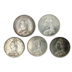 Two Queen Victoria 1887 crown coins and three 1887 double florin coins (5)