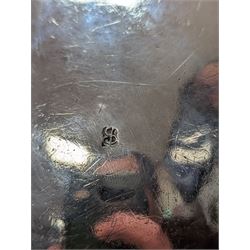 Northern European silver peg tankard, probably late 18th/early 19th century, of cylindrical form, the body repoussé decorated with scrolling and blossoming acanthus, fitted with scroll handle with shield terminal, the hinged cover with conforming repoussé decoration surrounding a central circular panel engraved with monogram beneath initials EASBGD, opening with ball thumbpiece detailed with fruits, raised upon three confirming ball feet mounted with shaped panels also detailed with fruits, bearing indistinct mark beneath, H19cm