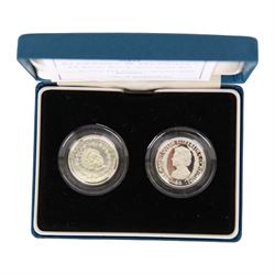 Six Queen Elizabeth II The Royal Mint silver coins or sets, comprising Falkland Islands 1983 '150th Anniversary' fifty pence, Belize 1992 '50th Anniversary Battle of El Alamein 1942-1992' five dollars two coin set, Guernsey 1995 'Queen Elizabeth The Queen Mother 95th Birthday' one pound, Barbados 1997 'Golden Wedding Anniversary' one dollar, Alderney and Guernsey 2001 'Celebrating The Queen's Seventy-Fifth Birthday' one pound two coin set and Alderney and Guernsey 'Celebrating The Queen's Seventy-Fifth Birthday' five pounds two coin set, all cased with certificates