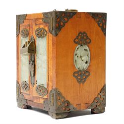 Chinese tabletop greenstone panelled cabinet with brass mounts, feather pulls, revealing three fitted drawers, each with upholstered cushioned interior, with lock and key, H18cm