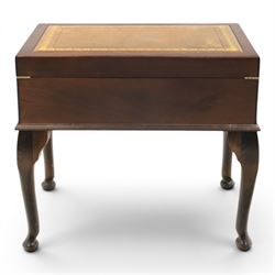 20th century mahogany canteen table, rectangular hinged top inset with gilt tooled leather writing surface, opening to fitted interior containing silver plated cutlery, with lower fitted drawer, on cabriole supports with pad feet