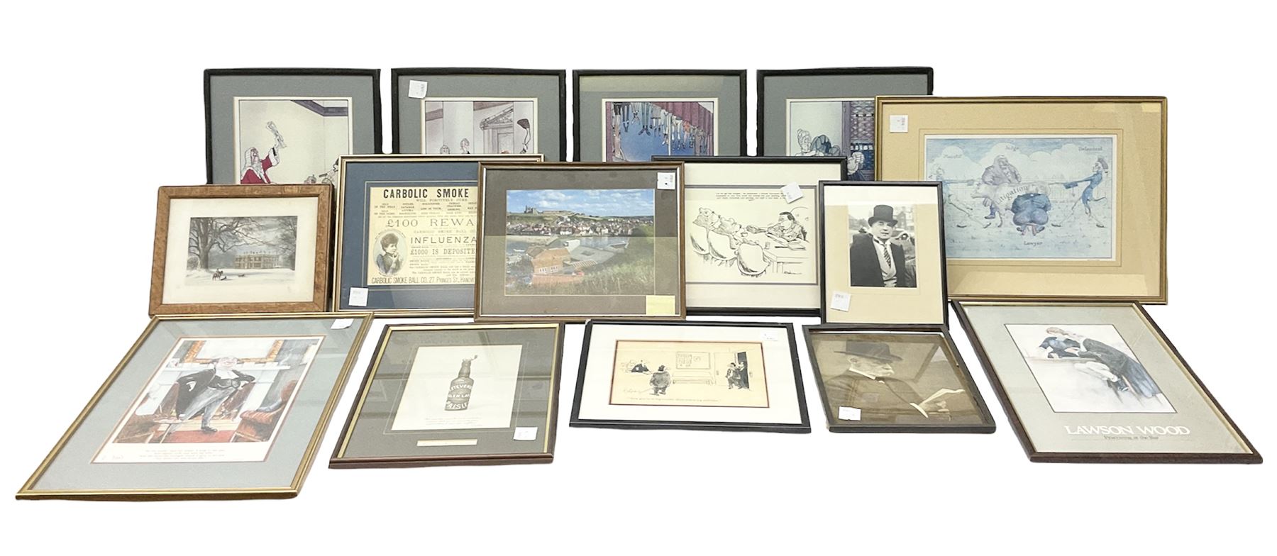 After Tony Kentuck set four courtroom cartoon prints, together with vintage reproduction of 19th Century advert, and further cartoons and prints (15)