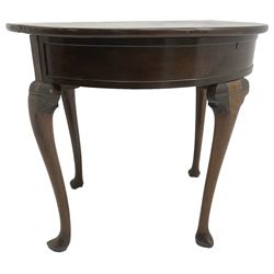 19th century walnut demi-lune side table, hinged two leaf top revealing storage well and flat surface, single gate-leg action base, on cabriole supports with pointed feet