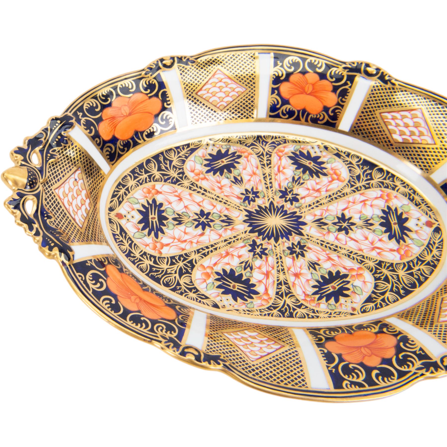 Royal Crown Derby dish, Imari 1128 pattern, of lozenge form, with pierced handles moulded with acorn terminals, L30cm