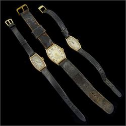 Three early 20th century 9ct gold, manual wind wristwatches, with cream and silvered dials...