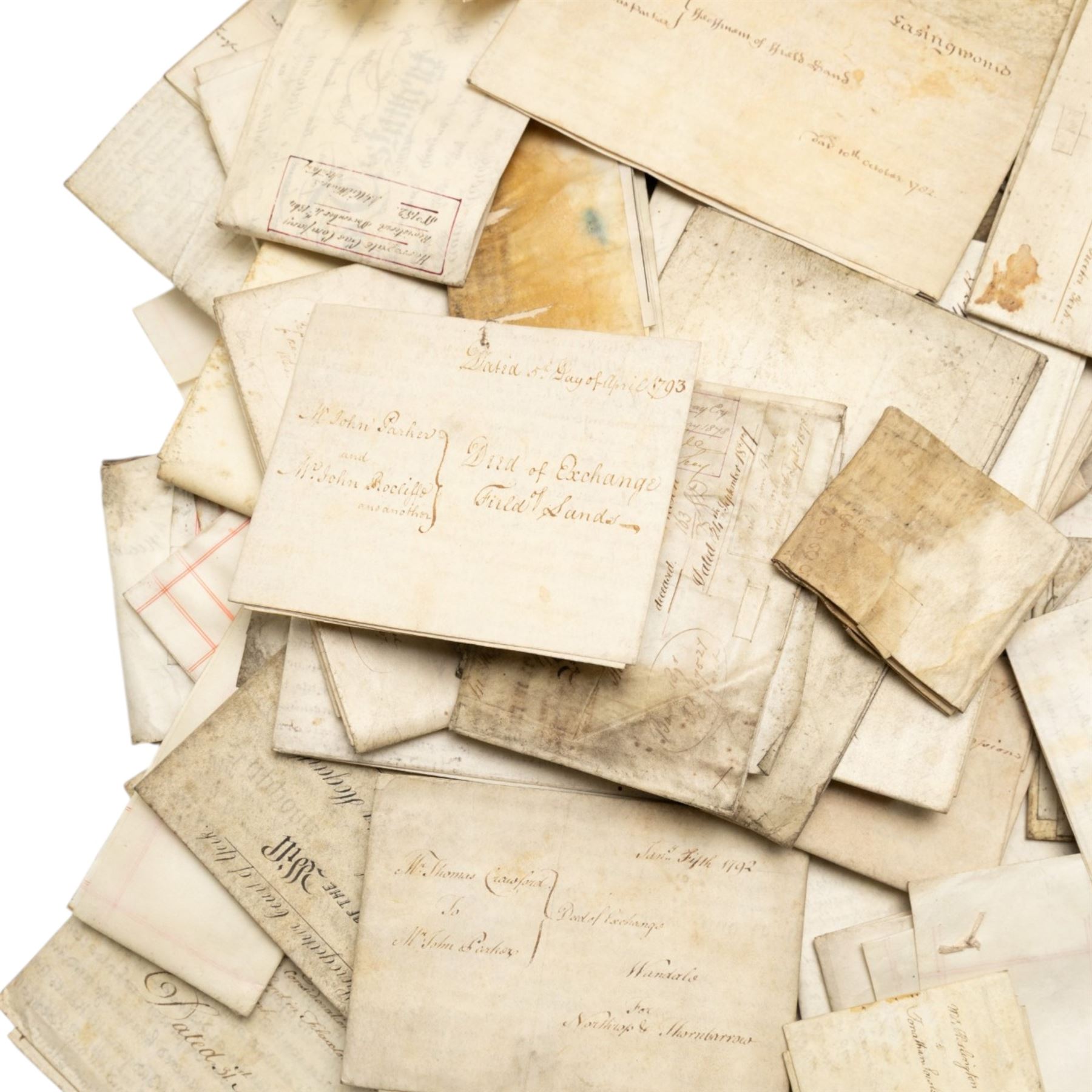 Yorkshire and miscellaneous deed interest - large collection of 18th and 19th century vellum indentures, wills, probate documents and property papers relating to wider Yorkshire towns and villages including Malton, Northallerton, Easingwold, Scarborough, the Humber, Barnsley, Ecclesfield, Great Leavening, Barton in the Willows, Flaxton and other areas, with documents concerning farmers, yeomen, tradesmen and landed families, many retaining wax seals and revenue stamps, together with a small quantity of non-Yorkshire and overseas-interest material including probate of Knobel Louis Benjamin du Gue, formerly of Brindisi, Italy, steam shipping agent, later of St Leonards-on-Sea, Sussex,  in one large box