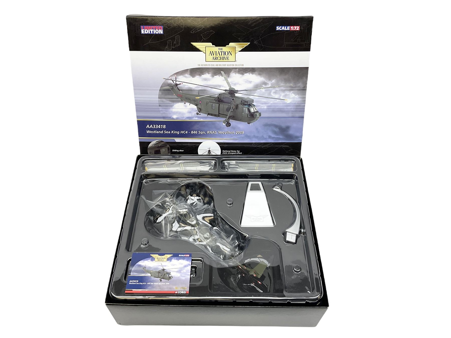 Four Corgi Aviation Archive limited edition die-cast models of aircraft comprising AA33418 Westland Sea King HC4 No.1174/1500; AA35011 Gloster Meteor F.8, No.355/1250; AA38104 Sopwith Camel No.692/1500 and AA37302 DH Vampire FB.9 No.82/2210; all boxed with certificates (one with slip-case); together with two Oxford De Havilland die-cast aircraft - D.H.82A Tiger Moth T-6296 and D.H.89 Dragon Rapide G-AIYR; both boxed (one with slip case) (6)